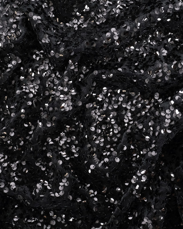 Tissu Sequins Noirs Brodés Sur Velours Noir Léger - Mercerine