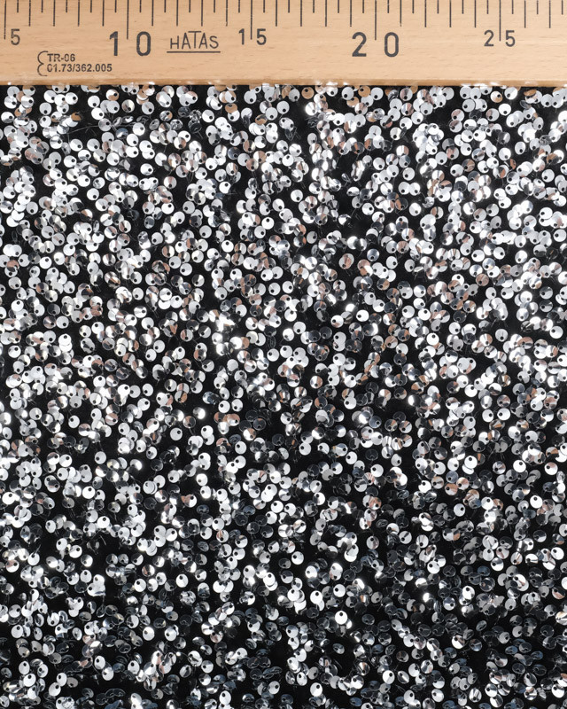 Tissu Sequins Argents Brodés Sur Velours Noir Léger - Mercerine