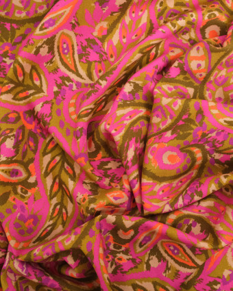 Tissu Viscose Vert Motif Cachemire Rose et Orange - Oeko-Tex - Mercerine