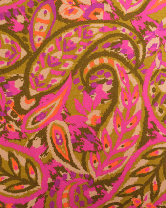 Tissu Viscose Vert Motif Cachemire Rose et Orange - Oeko-Tex -  Mercerine