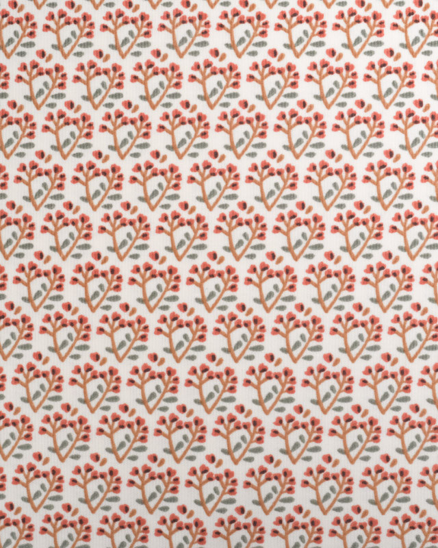 Tissu Velours Milleraies Ecru Petit Motif Fleuri Rouge - Mercerine