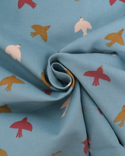 Tissu Velours Milleraies Bleu Motif Oiseaux  - Mercerine