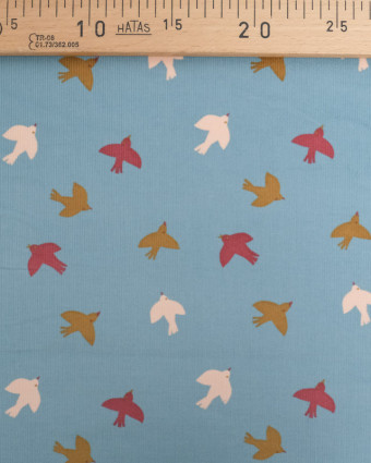 Tissu Velours Milleraies Bleu Motif Oiseaux - Mercerine