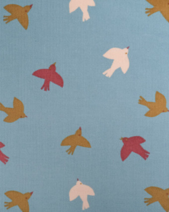 Tissu Velours Milleraies Bleu Motif Oiseaux - Mercerine