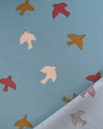 Tissu Velours Milleraies Bleu Motif Oiseaux - Mercerine