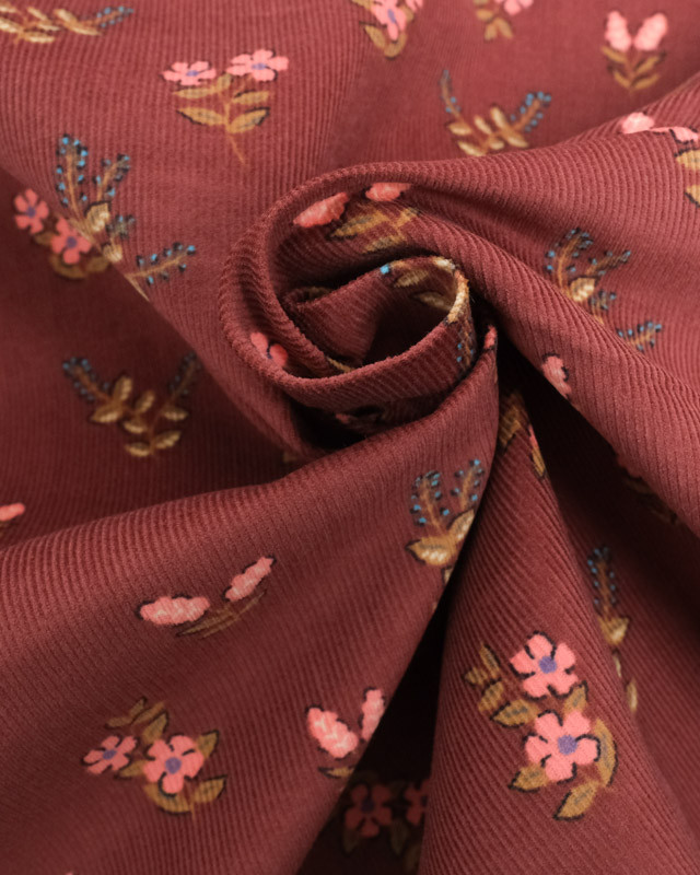 Tissu Velours Milleraies Marron Petites Fleurs Roses - Mercerine