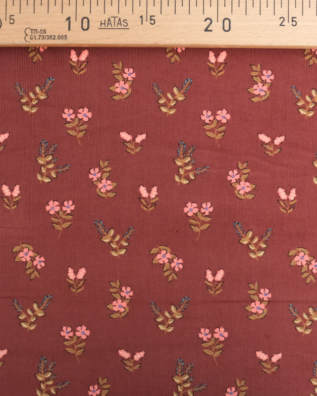 Tissu Velours Milleraies Marron Petites Fleurs Roses - Mercerine