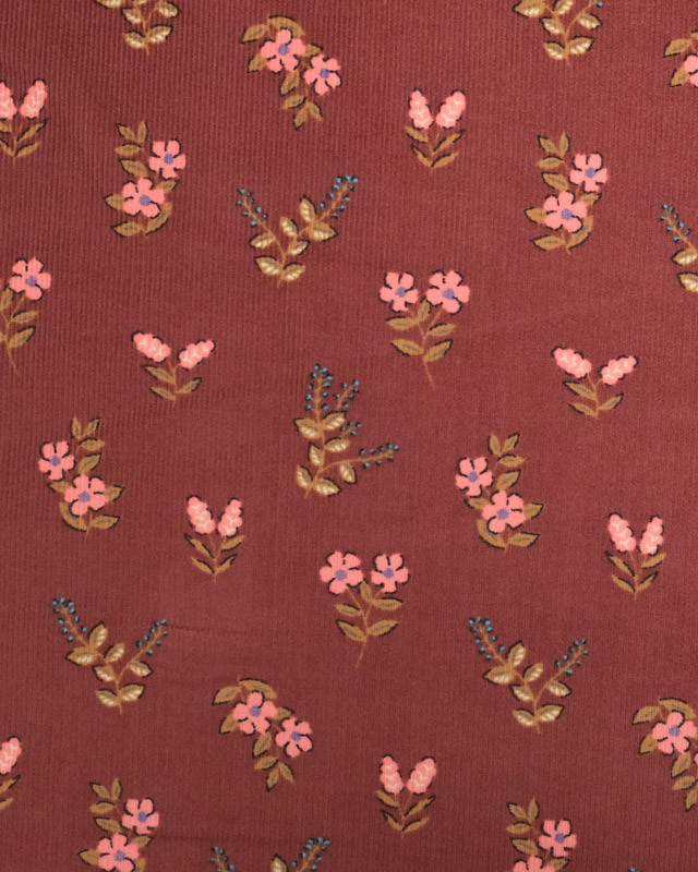 Tissu Velours Milleraies Marron Petites Fleurs Roses - Mercerine