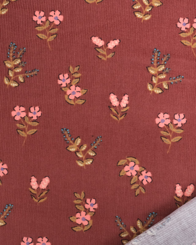 Tissu Velours Milleraies Marron Petites Fleurs Roses - Mercerine