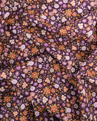 Popeline de Coton Violette Fleuri Orange  - Oeko-Tex - Mercerine