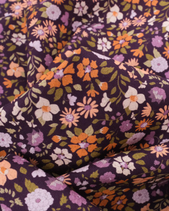 Popeline de Coton Violette Fleuri Orange  - Oeko-Tex - Mercerine