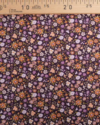 Popeline de Coton Violette Fleuri Orange  - Oeko-Tex - Mercerine