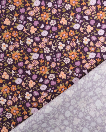 Popeline de Coton Violette Fleuri Orange  - Oeko-Tex - Mercerine