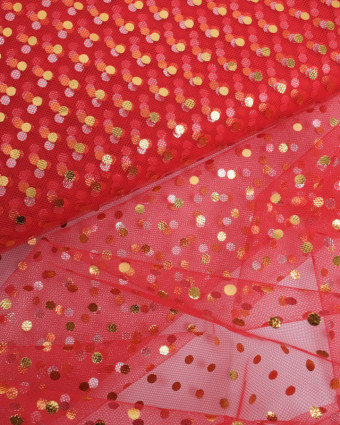 Tulle Souple Doux Rouge Pois Dorés - Mercerine