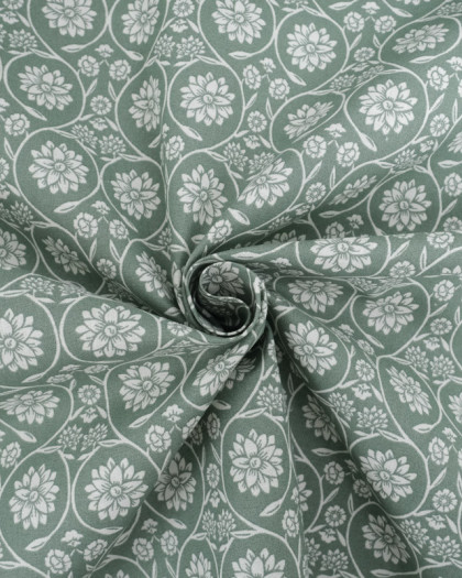 Cretonne de Coton Motif Floral Vert - Oeko-Tex - Mercerine