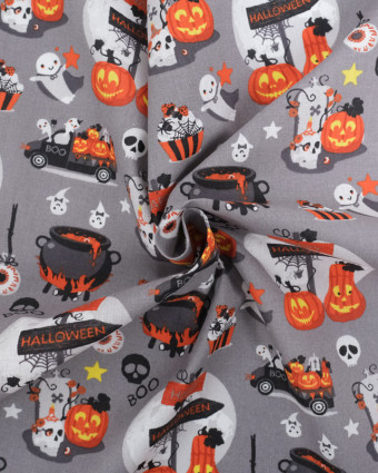 Tissu Coton Halloween Gris - Oeko-Tex - Mercerine