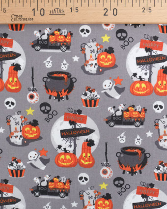 Tissu Coton Halloween Gris - Oeko-Tex - Mercerine