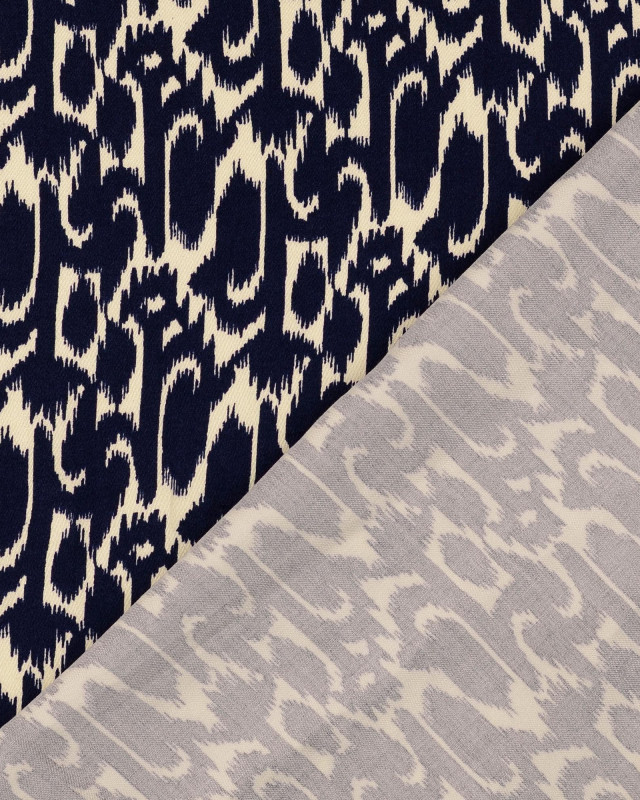 Satin De Viscose Joli Motif Ethnique Bleu Marine - Mercerine