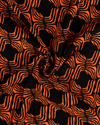 Popeline de Viscose Fond Noir Motif Ethnique Orange - Mercerine