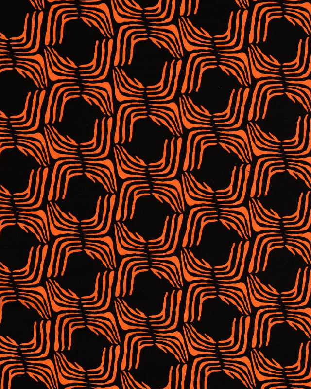 Popeline de Viscose Fond Noir Motif Ethnique Orange - Mercerine