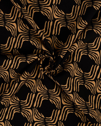 Popeline de Viscose Fond Noir Motif Ethnique Beige - Mercerine