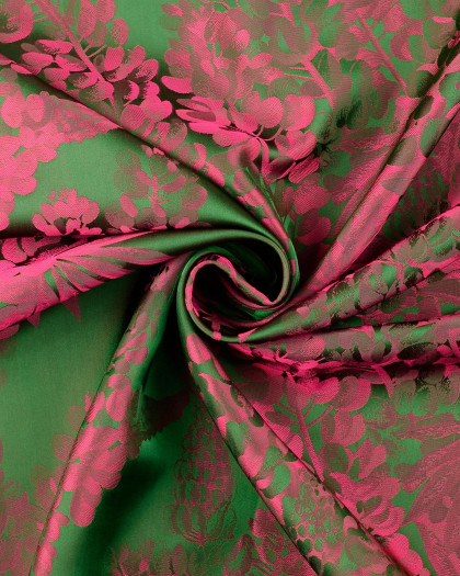 Satin Jacquard Vert Motif Floral Reflet Rose - Mercerine