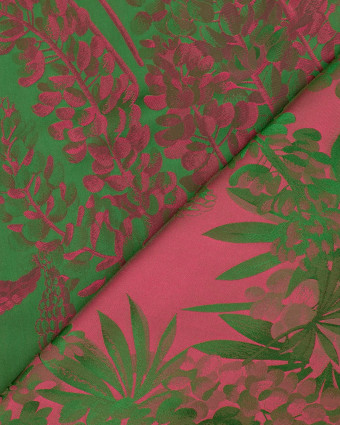 Satin Jacquard Vert Motif Floral Reflet Rose - Mercerine