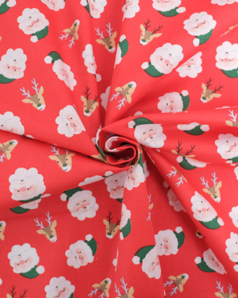 Tissu Coton Rouge Père Noël et Petit Cerf  - Mercerine