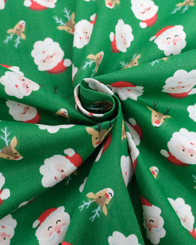 Tissu Coton Vert Père Noël et Petit Cerf - Mercerine