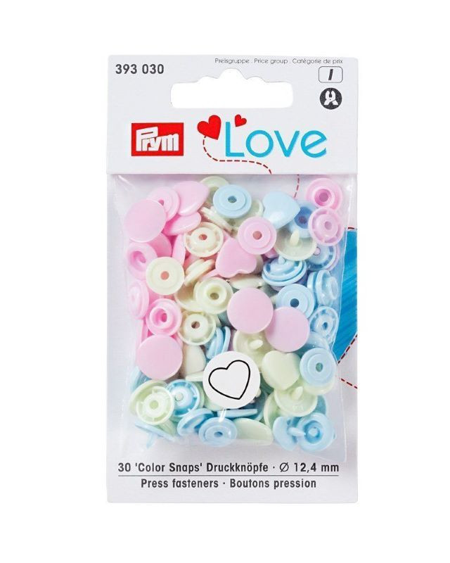 Lot de 30 boutons pression -Coeur - rose, bleu, vert  pastel - Color snaps - Prym Love - Mercerine