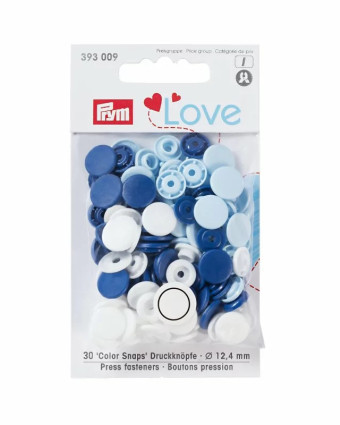 Lot 30 boutons pression bleu et blanc- Color snaps - Prym Love - Mercerine