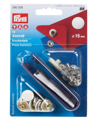 Bouton pression -Anorak- 15mm - Blanc - outils de pose - Prym - Mercerine