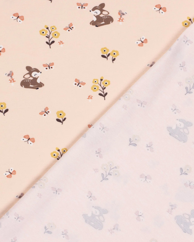 Tissu Jersey Rose Nude Petit Faon Fleurs et Papillon - Oeko-Tex -Mercerine