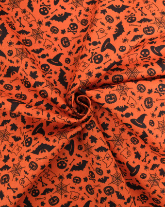 Tissu Coton Halloween Orange Motif Noir Epouvante - Oeko-Tex - Mercerine