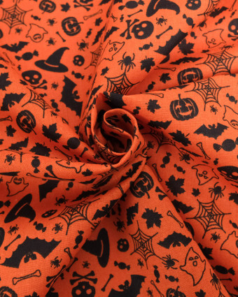 Tissu Coton Halloween Orange Motif Noir Epouvante - Oeko-Tex - Mercerine