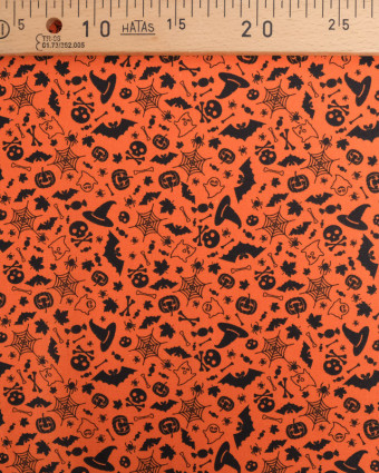 Tissu Coton Halloween Orange Motif Noir Epouvante - Oeko-Tex - Mercerine