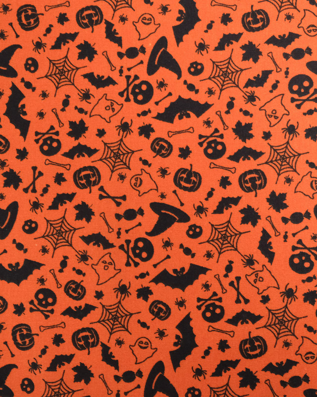 Tissu Coton Halloween Orange Motif Noir Epouvante - Oeko-Tex - Mercerine