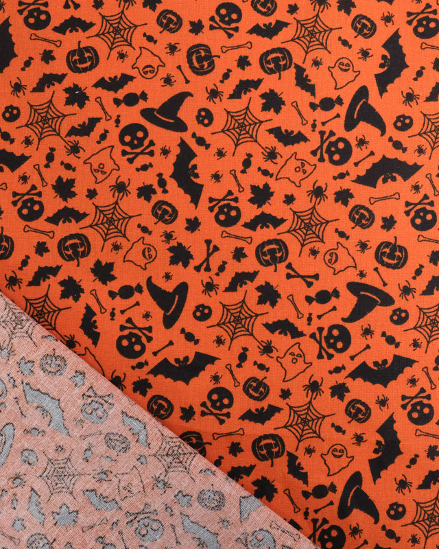 Tissu Coton Halloween Orange Motif Noir Epouvante - Oeko-Tex - Mercerine