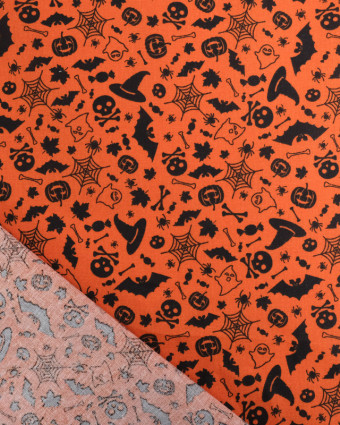 Tissu Coton Halloween Orange Motif Noir Epouvante - Oeko-Tex - Mercerine