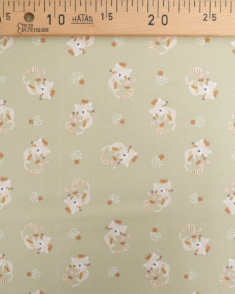 Tissu Coton Vert Amande Motif Petit Chat - Oeko-Tex - Mercerine