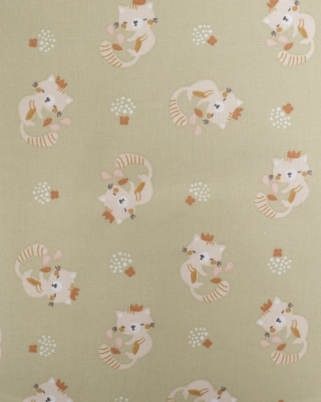 Tissu Coton Vert Amande Motif Petit Chat - Oeko-Tex - Mercerine