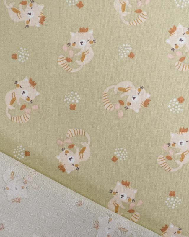 Tissu Coton Vert Amande Motif Petit Chat - Oeko-Tex - Mercerine