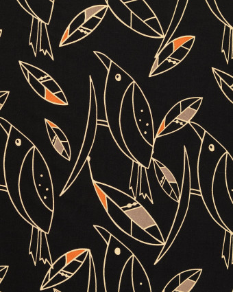 Tissu Viscose Noir Motif Dessin Oiseaux - Mercerine