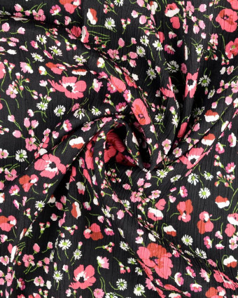 Crêpe De Viscose Noire Fleuri Rose - Mercerine