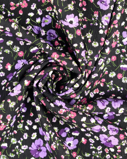 Crêpe De Viscose Noir Fleuri Mauve - Mercerine