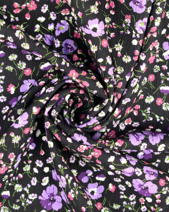 Crêpe De Viscose Noir Fleuri Mauve - Mercerine