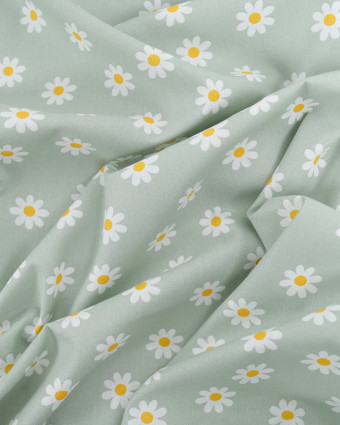 Tissu Coton Vert d'Eau Motif Marguerite - Oeko-Tex - Mercerine