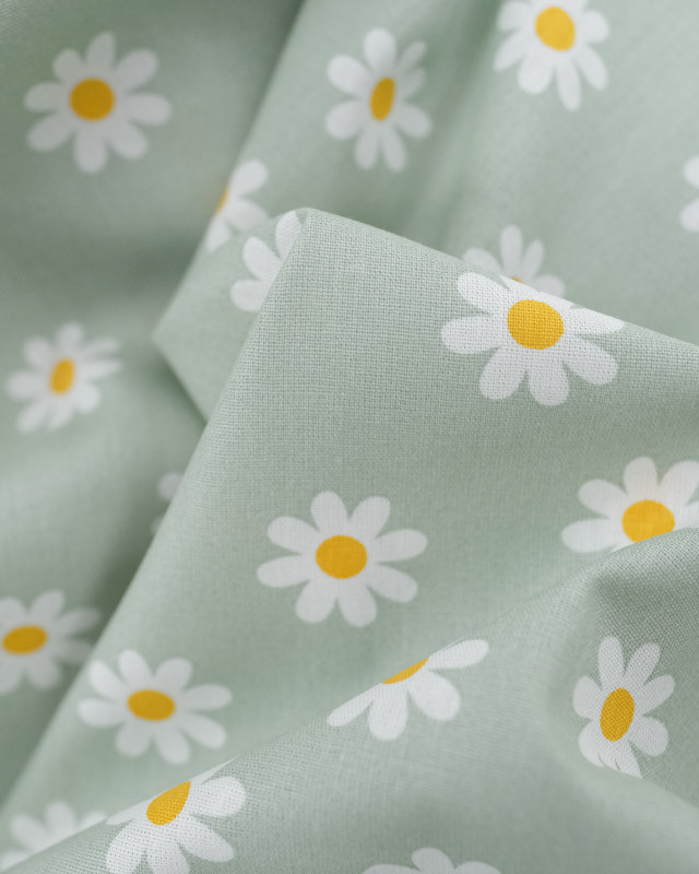 Tissu Coton Vert d'Eau Motif Marguerite - Oeko-Tex - Mercerine