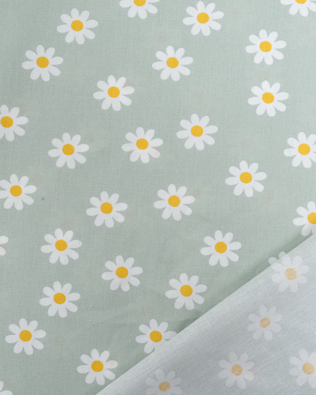 Tissu Coton Vert d'Eau Motif Marguerite - Oeko-Tex - Mercerine