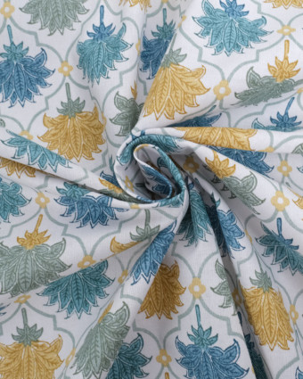 Tissu Coton Imprimé Floral Bleu vert - Mercerine